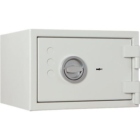 Een witte kluis met een ronde hendel en sleutelgat.