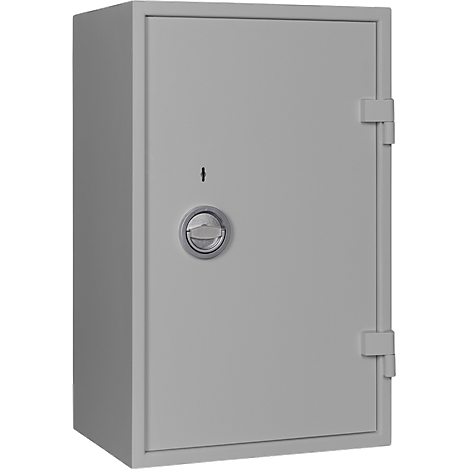 Grey safe against light background. With rotary lock and keyhole.