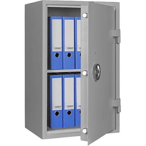 An open safe with blue binders. The safe is gray, the door half open. The binders say "FORMAT".