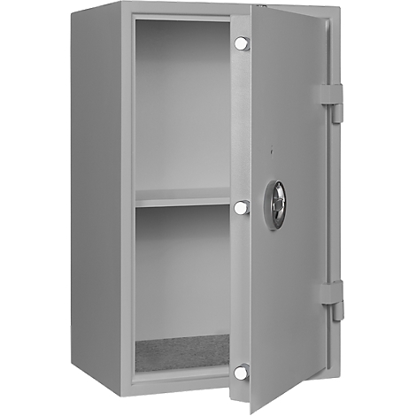 A gray safe with the door open, revealing two compartments inside. The floor of the safe is lined with gray fabric.