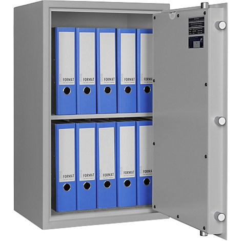 Open steel door with blue folders on shelves. The door has a FORMAT lettering.