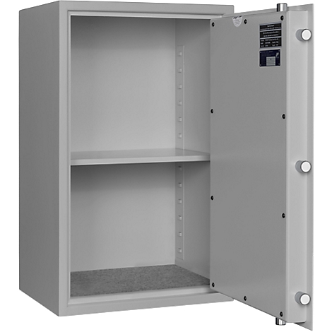 Grey safe with open door, two shelves. A label is attached to the door.