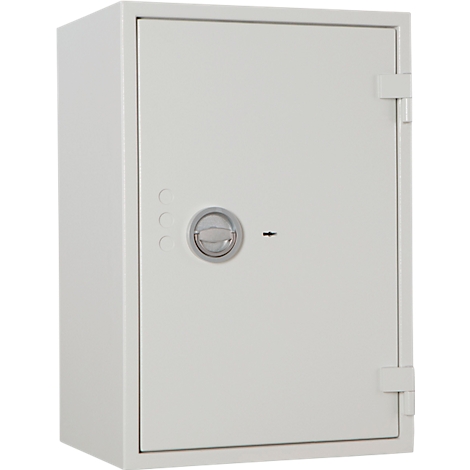Coffre-fort blanc avec serrure ronde, trou de serrure et trois voyants.