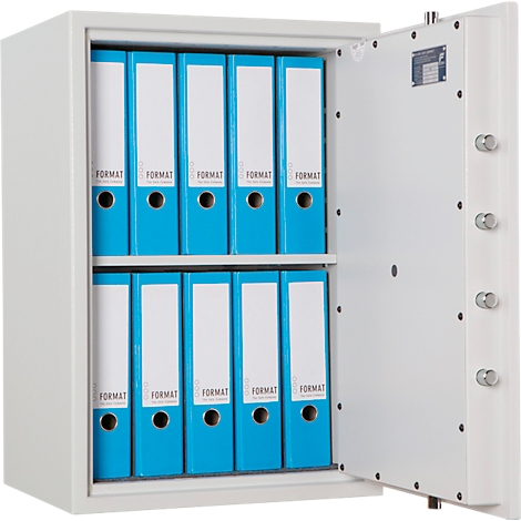 Un coffre-fort ouvert contenant des dossiers bleus. L'intérieur du coffre-fort est rempli de dossiers sur lesquels on peut lire "FORMAT".