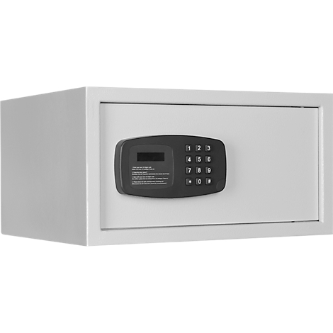 Ein weißer Safe mit Zahlencode. Auf der schwarzen Bedienoberfläche ist ein Display und eine Tastatur mit Ziffern angebracht.