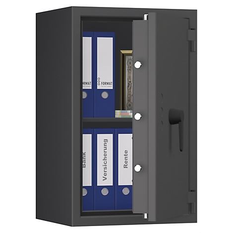 Grijze kluis, iets geopend. Binnenin blauwe mappen met labels als Bank, Verzekering en Pensioen, en een kleine gouden decoratie.