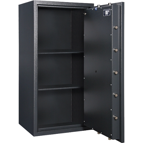 Open, zwarte kluisdeur met drie planken.