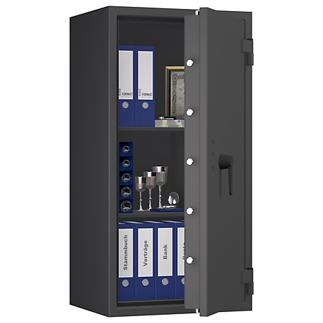 Grijze kluis, open deur, mappen, glazen, flessenhouder.