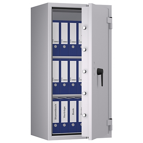 Grijze kluis, geopend. Blauwe ordners gevuld. Opschrift op de ordners: Stammbuch, Verträge, Bank.