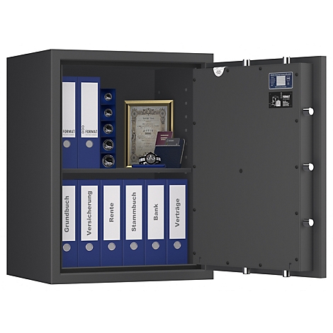 Grijze kluis met open deur. Blauwe mappen met opschriften zoals "Kadaster" en "Verzekering".