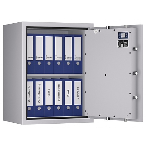 Grijze kluis met open deur. Blauwe ordners met witte labels zijn zichtbaar, met de tekst: Kadaster, Verzekering, Pensioen.