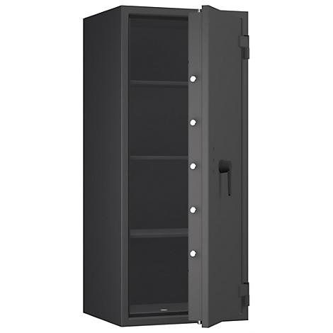 Een open, donker stalen kast met drie planken. De deur staat half open en toont de binnenkant van de kast.