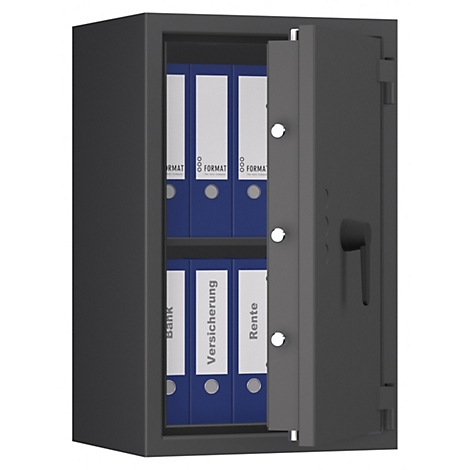 Ein geöffneter, dunkler Tresor mit blauen Ordnern. Auf den Ordnern stehen die Wörter Bank, Versicherung und Rente.