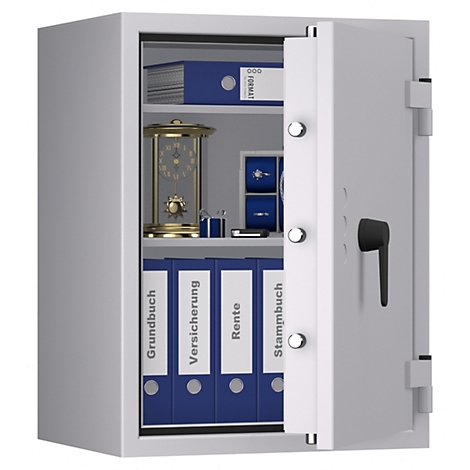 Grauer Tresor mit offener Tür. Innen: Ordner, Schmuck, Uhr. Auf den Ordnern steht: Grundbuch, Versicherung, Rente, Stammbuch.