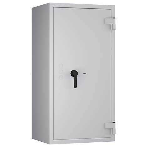 Grauer Tresor vor weissem Hintergrund. Schwarzer Griff und Scharniere. Links drei runde Knöpfe.