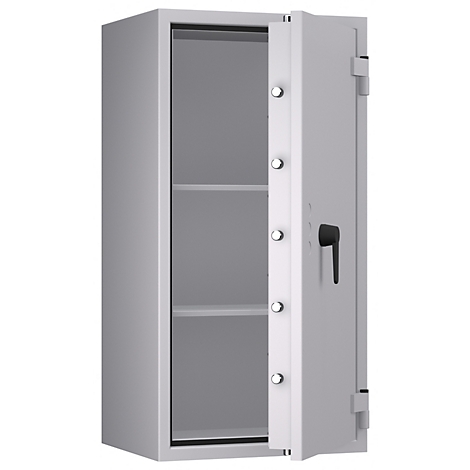 Grauer Tresor, offene Tür, zwei Ablageflächen. Schwarzer Griff und Scharniere.