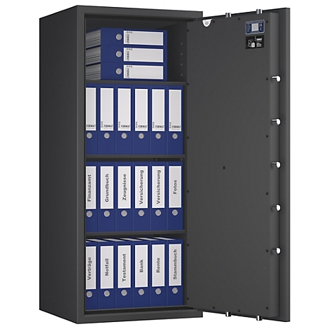 Ein offener, grauer Tresor mit blauen Ordnern. Auf den Etiketten stehen Begriffe wie 'Verträge', 'Finanzamt' und 'Versicherung'.