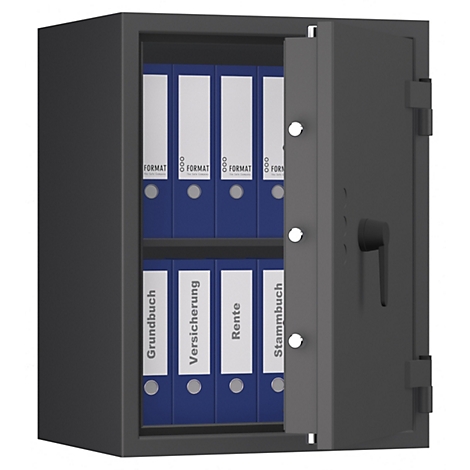 Grauer Tresor, halb geöffnet, gefüllt mit blauen Ordnern. Auf den Etiketten steht: Grundbuch, Versicherung, Rente, Stammbuch.