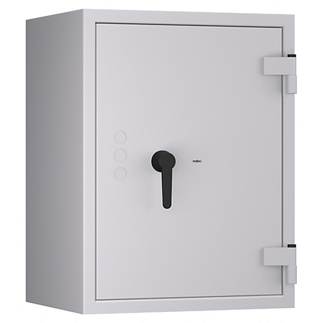 Grauer Tresor mit schwarzem Griff und drei runden Knöpfen. Der Tresor steht vor weissem Hintergrund.