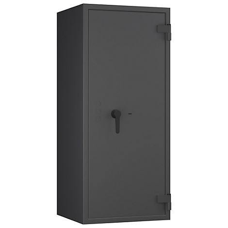 Ein dunkler, grauer Tresor mit einem Griff und Scharnieren an der Tür.