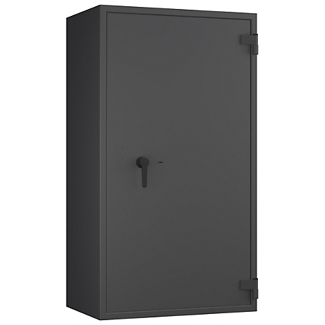 Dunkelgrauer Tresor mit schwarzem Griff, Scharnieren und Zylinderschloss vor weissem Hintergrund.