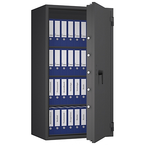 Ein geöffneter, grauer Tresor mit blauen Ordnern. Einige Ordner sind beschriftet.