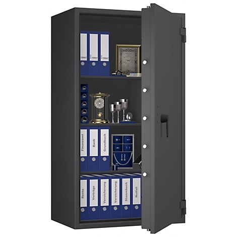 Ein geöffneter Tresor mit Dokumentenordnern, einer Uhr und Dekoration.