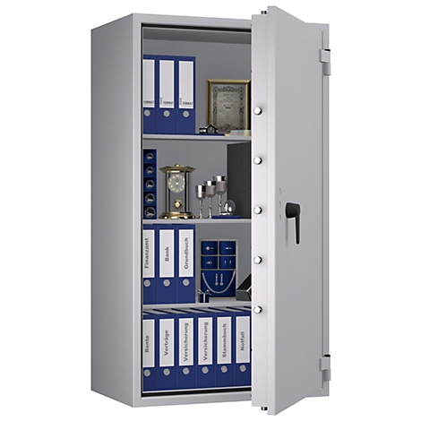 Grauer Tresor, geöffnet. Blaue Ordner, Urkunde, Uhr und Gläser im Inneren.