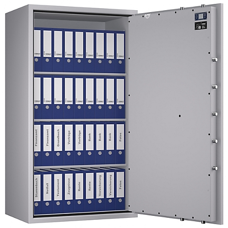 Grauer Tresor, offen, mit blauen Ordnern. Einige Ordner sind mit Etiketten wie Finanzamt, Rechnungen, etc. beschriftet.