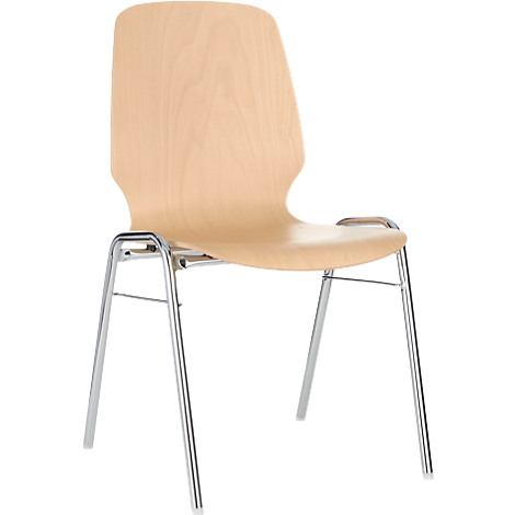 Ein Stuhl mit hellbrauner Holzlehne und -sitz, Metallgestell.