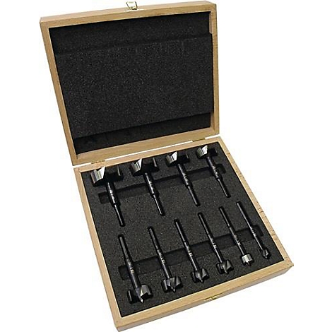 Houten kist met diverse Forstner boren. Lichtbruine kist met zwart schuim en zilveren boren.