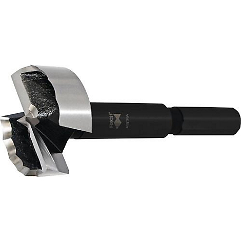 Metalen boor met glanzende bladen en zwarte schacht, FISCH logo.