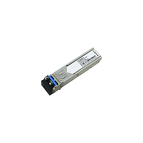 Module SFP argenté avec étiquette. Étiquette blanche en haut à droite avec lettres noires et code-barres.