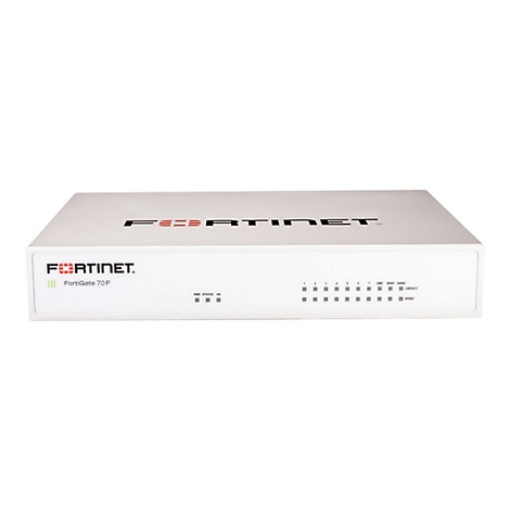 Weißer FortiGate 70 F Router. Aufschrift: Fortinet, FortiGate 70 F, PWR, Status, HA, DMZ, WAN1, WAN2, Link/Act, Speed.