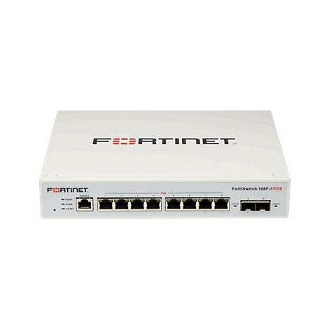 Weißer Netzwerk-Switch, Marke Fortinet, mit Anschlüssen und Anzeigen.