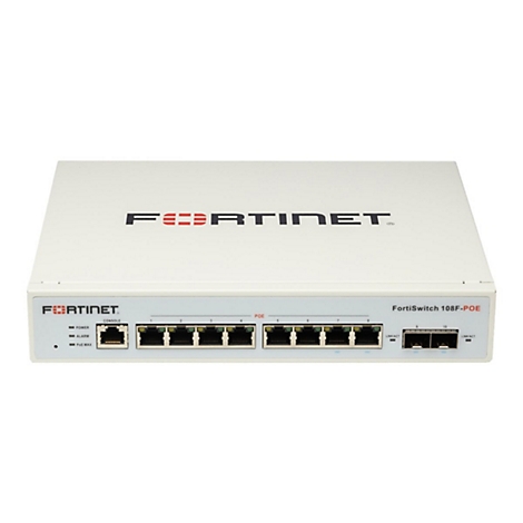 Ein weißer Fortinet-Switch, Vorderansicht. Oben steht das Logo, darunter Anschlüsse mit POE-Kennzeichnung, Text 'FortiSwitch 108F-POE'.