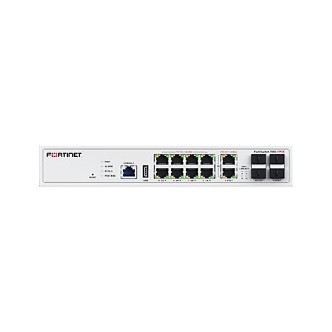 Commutateur Fortinet blanc avec ports, indicateurs et logo. Étiquettes : Console, USB, 10/100, etc.