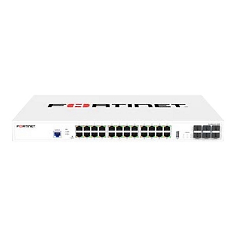 Ein weißes Netzwerkgerät von Fortinet. Es hat viele Netzwerkanschlüsse und das Logo des Herstellers.