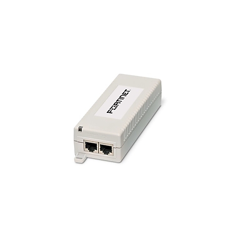 Weißes, rechteckiges Gerät mit "FORTINET"-Logo und zwei RJ45-Ports. Seitliche Rillen und eine Lasche.