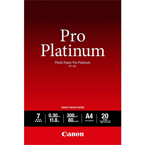 Rote Verpackung für Canon Pro Platinum Fotopapier. Text: Pro Platinum, Inkjet Photo Paper, A4-Format, 20 Blatt.