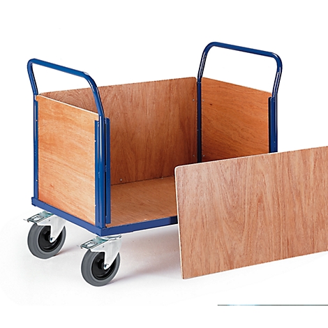 A transport trolley with wooden sides, blue handles and wheels.
