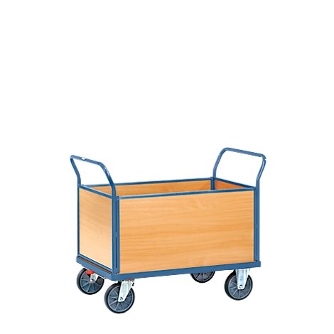 Wooden trolley with blue frame and handles, four wheels.
