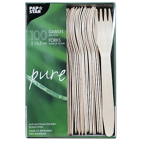 Paquet de 100 fourchettes en bois. Inscriptions : "Pap Star", "pure" et "Fabriqué à partir de matières premières renouvelables".