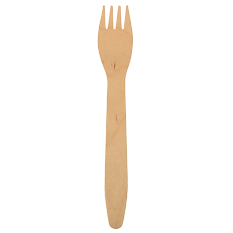 Une fourchette en bois, sur fond blanc. La fourchette a quatre dents et un manche allongé.