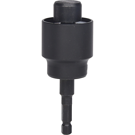 Douille noire avec tête cylindrique et tige hexagonale. Sur fond blanc.