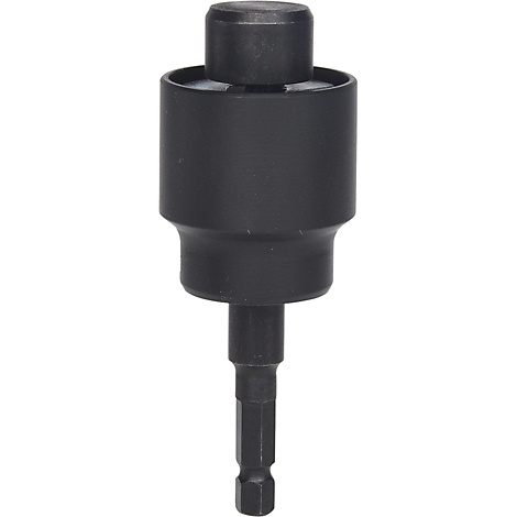 Accessoire d'outil noir pour vis. Dessus rond, puis cylindrique, puis hexagonal effilé. Un outil précis.