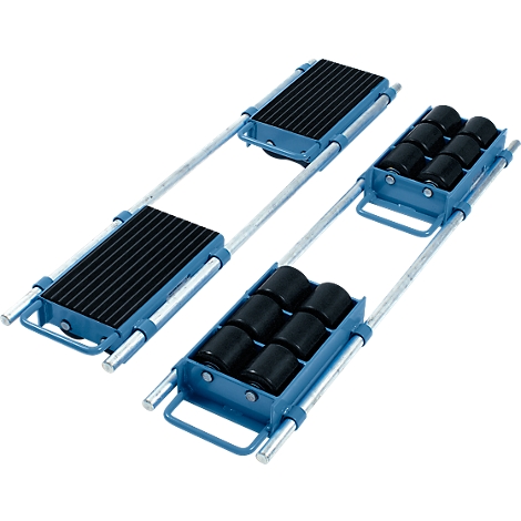 Two blue heavy-duty rollers with black rubber pads and rollers against a light background.