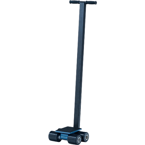 Black dolly with handle and rollers, for transporting objects.