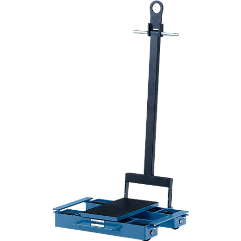 A blue transport device for heavy loads. It has wheels, a black platform, and a vertical support with an eyelet.