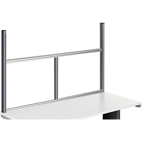 Grey partition on white desk, consisting of bars and horizontal struts.